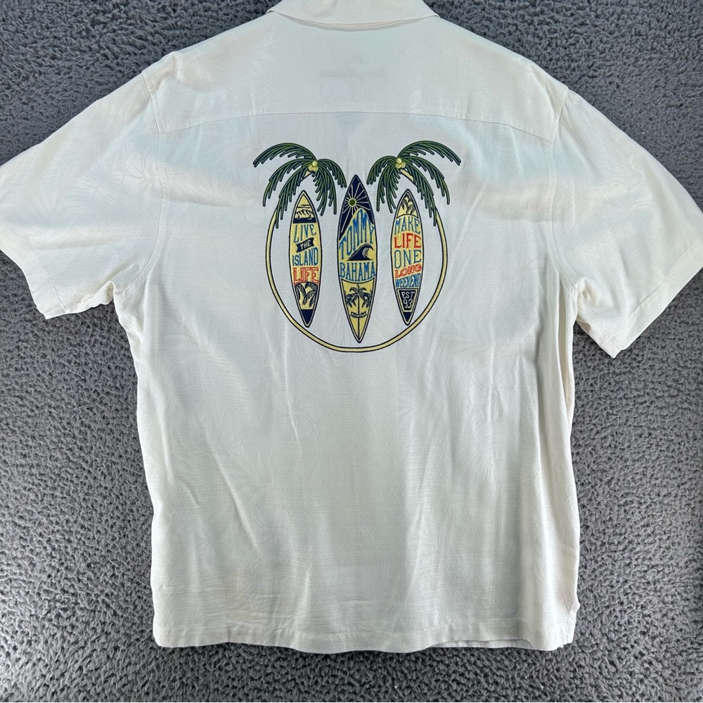 Tommy Bahama Silk Embroidered Shirt XL Triple Surfboards Palm Trees Island Life - Picture 11 of 12